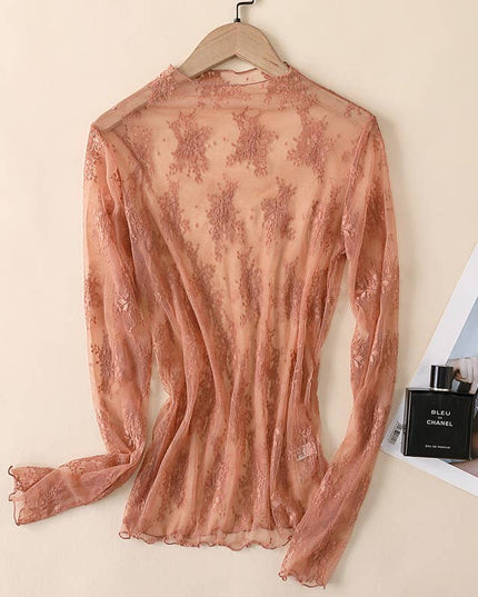 Semi Sheer Mesh Floral Lace Layering See Through Top