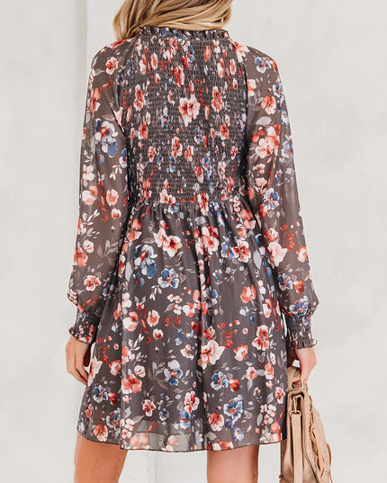 Brown Frilly Smocked Bodice Floral Mesh Long Sleeve Mini Dress