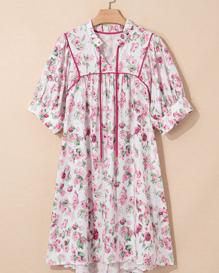 Pink Floral Split Neck Short Sleeve Loose Plus Size Mini Dress
