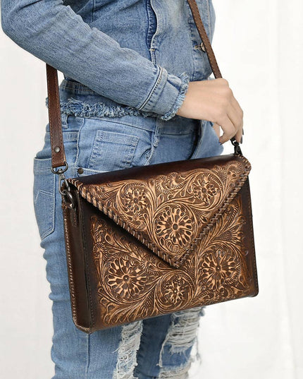 ADBGZ754 Envelope Hand Tooled Leather Wallet Bag - Western Floral Whipstitch Purse