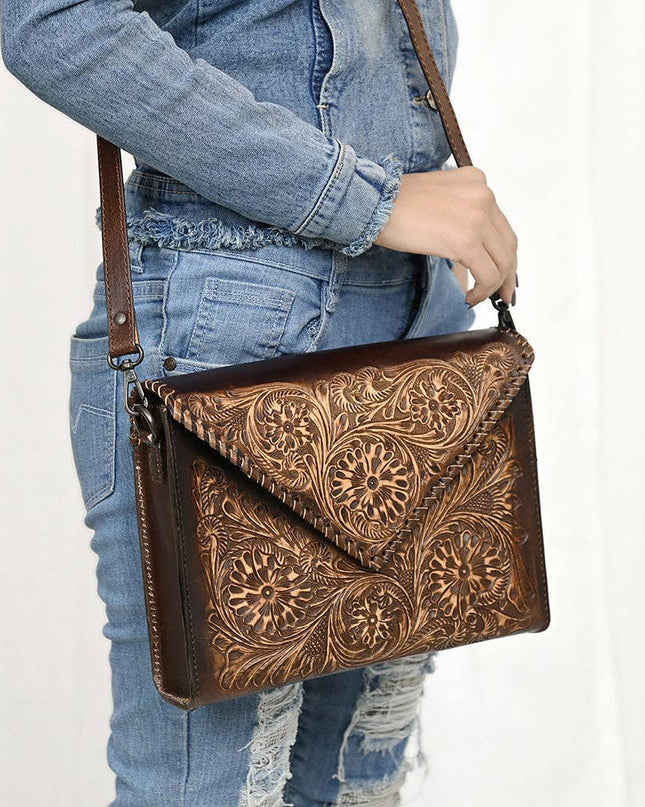 ADBGZ754 Envelope Hand Tooled Leather Wallet Bag - Western Floral Whipstitch Purse