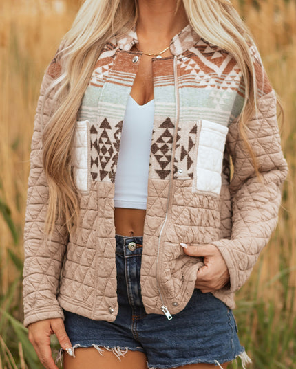 Light French Beige Aztec Quilted Patchwork Western Fashion Jacket