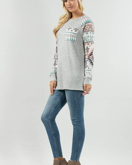 KC013B-SIMONE AZTEC PRINT COLOR BLOCK RAGLAN TOP