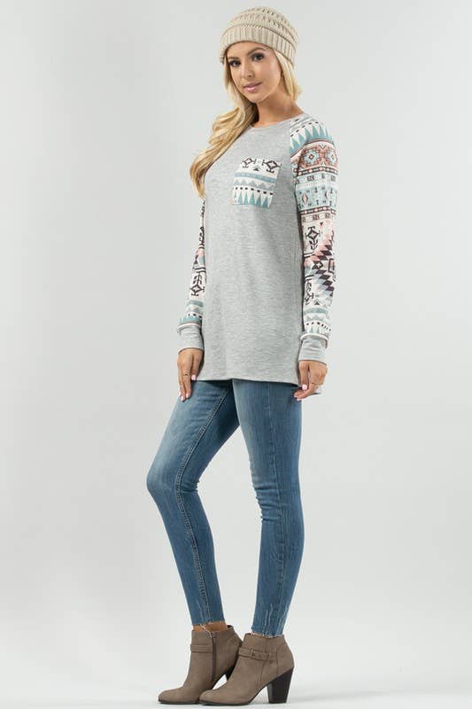 KC013B-SIMONE AZTEC PRINT COLOR BLOCK RAGLAN TOP