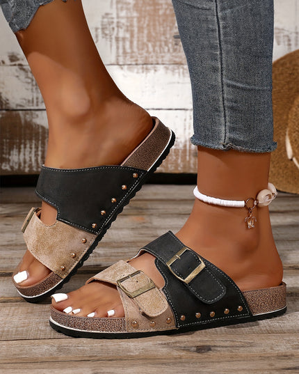 Coffee Leopard Two-tone Retro Buckle Straps Hollowed Faux Suede Slippers