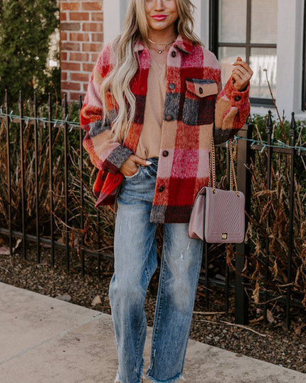 Orange Plaid Print Flap Pockets Buttoned Casual Plus Size Jacket