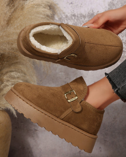 Coffee Buckle Detail Round Toe Platform Cozy Winter Boots