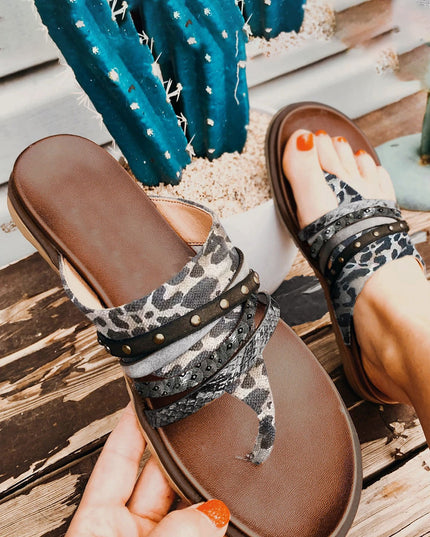 Leopard Studded Animal Print Flip Flop Sandals
