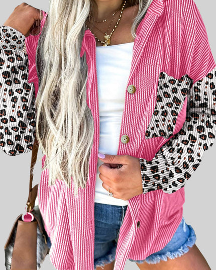 Rose Red Leopard Patched Twisted Ribbed Western Casual Shacket