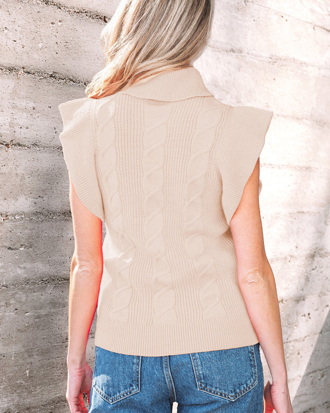 Jet Stream Cable Knit Turtleneck Ruffled Short Sleeve Sweater