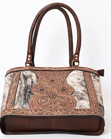 ADBGA339 Hair-On Cowhide Tote Bag with Hand-Tooled Leather Floral Accents