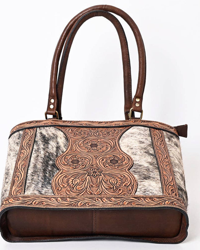 ADBGA339 Hair-On Cowhide Tote Bag with Hand-Tooled Leather Floral Accents