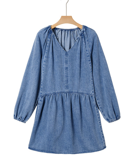 Myosotis Puff Sleeve V Neck Ruffled Loose Denim Mini Dress