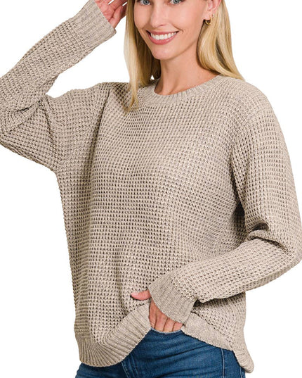 Hi Low Long Sleeve Round Neck Waffle Sweater Zenana