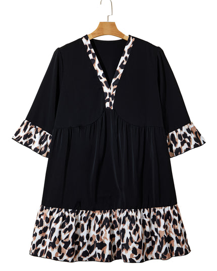 Black Plus Size Leopard Patchwork V Neck 3/4 Sleeve Ruffle Hem Mini Dress