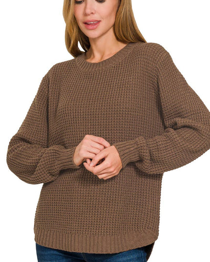 Hi Low Long Sleeve Round Neck Waffle Sweater Zenana