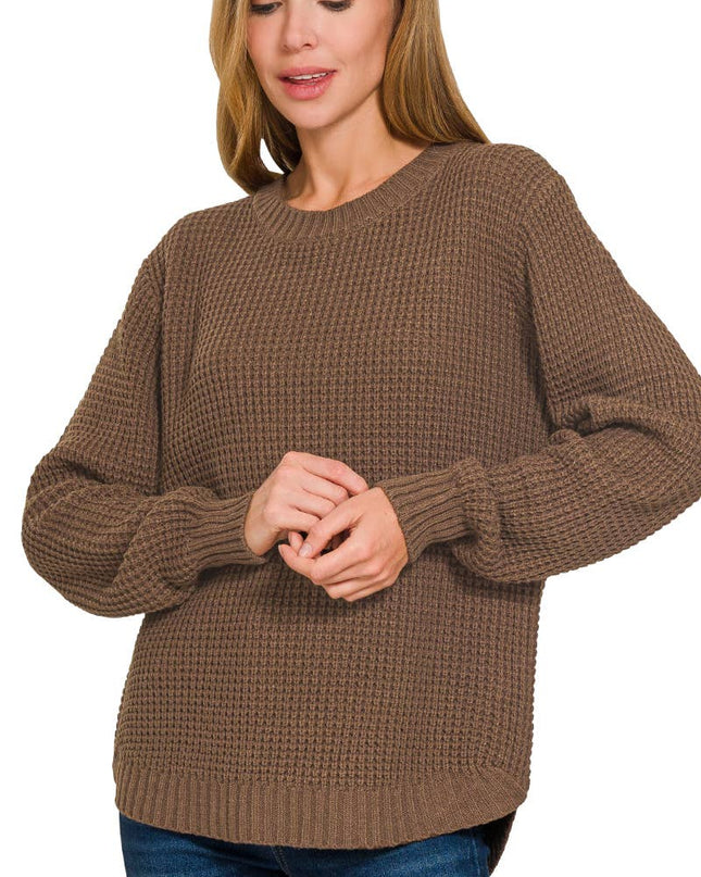 Hi Low Long Sleeve Round Neck Waffle Sweater Zenana