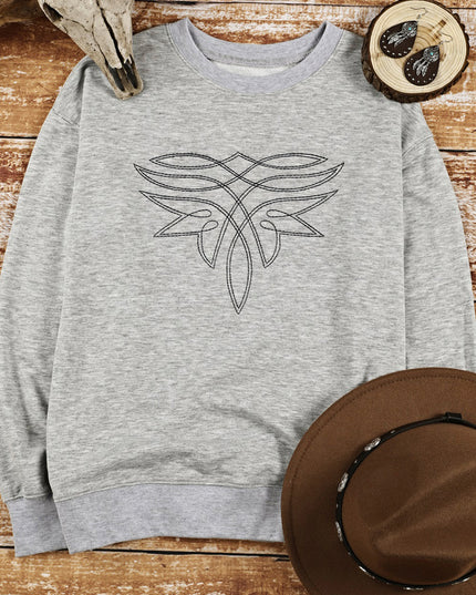 Gray Western Pattern Embroidered Drop Shoulder Pullover Top