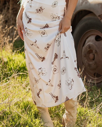 Beige Western Print Satin Long Skirt