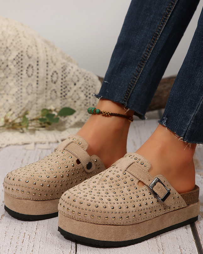 Parchment Rivet Buckle Closed Toe Platform Slippers