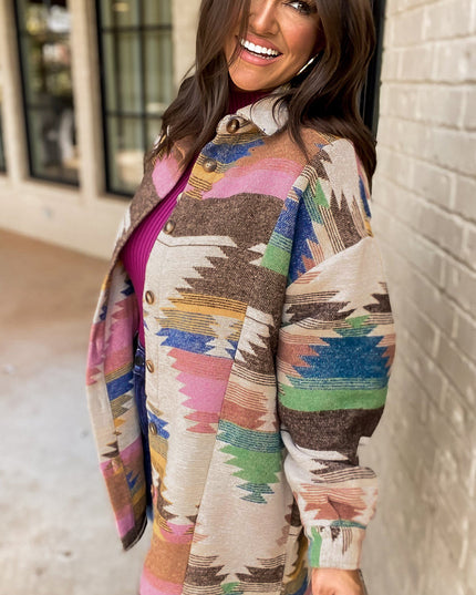 White Aztec Print Button Up Shacket