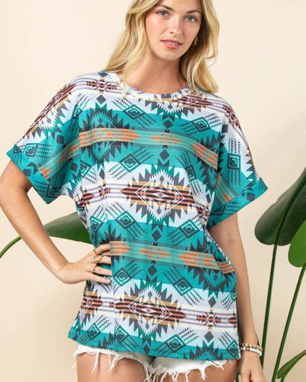 AT1291-MARTHA AZTEC PRINT FOLDED SLEEVE THERMAL TOP