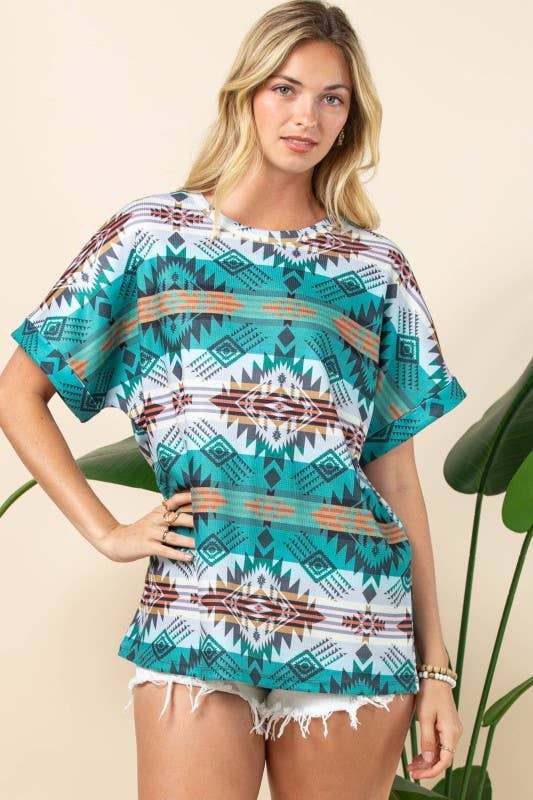 AT1291-MARTHA AZTEC PRINT FOLDED SLEEVE THERMAL TOP