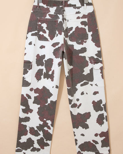 Brown Cow Spots Printed Multi Pocketed Jeans