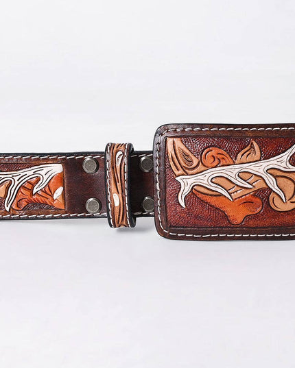 ADBLF289 Tooled Leather Western Belt - White Antler & Scroll Floral Design