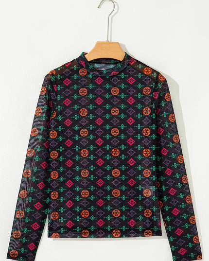 Black Western Aztec Printed Long Sleeve Mesh Top