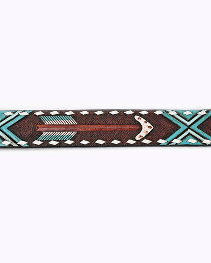 LC-ADBLF104 Hand-Tooled Arrow & Tribal Pattern Western Leather Belt with Engraved Buckle