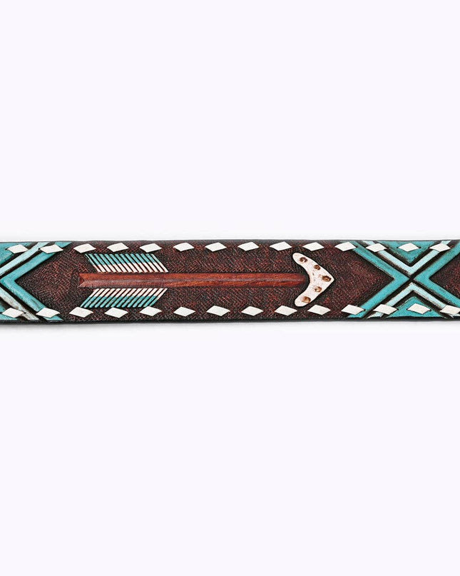 LC-ADBLF104 Hand-Tooled Arrow & Tribal Pattern Western Leather Belt with Engraved Buckle