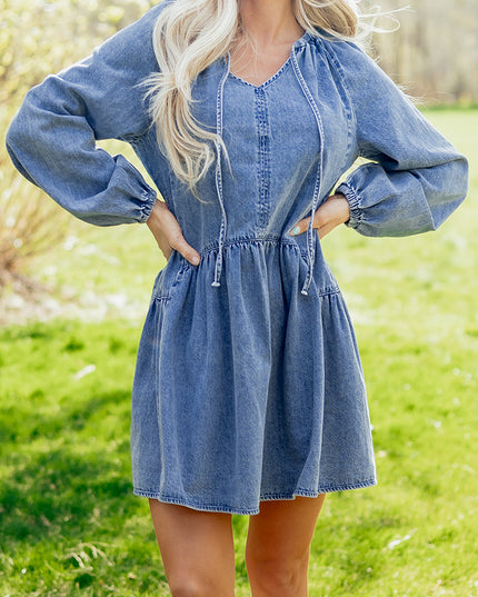 Myosotis Puff Sleeve V Neck Ruffled Loose Denim Mini Dress