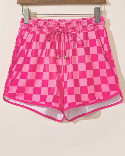Black Checkered Drawstring Elastic Waist Casual Shorts