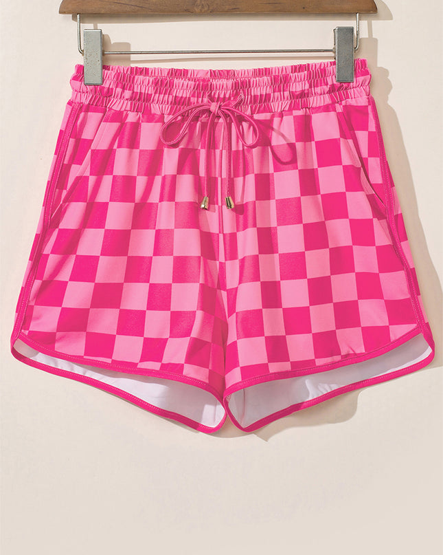 Black Checkered Drawstring Elastic Waist Casual Shorts