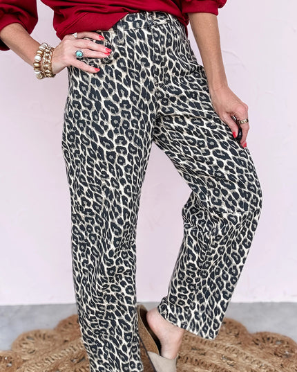 Black Leopard Print Barrel Jeans