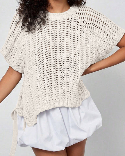 Pink Plus Size Open Knit Bow Tie Short Sleeve Sweater