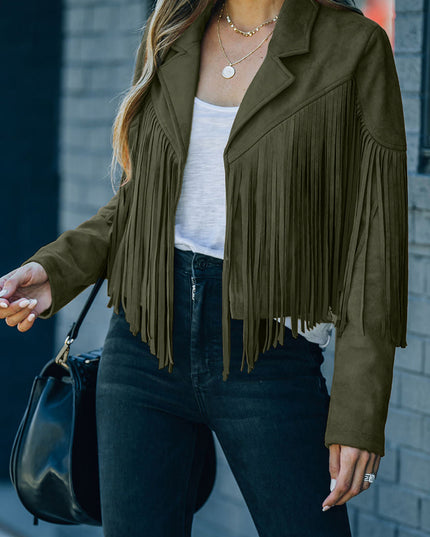 Green Cropped Fringe Faux Suede Jacket
