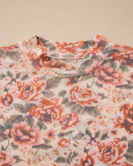 Pink Plus Size Floral Mock Neck Long Sleeve Slim Top