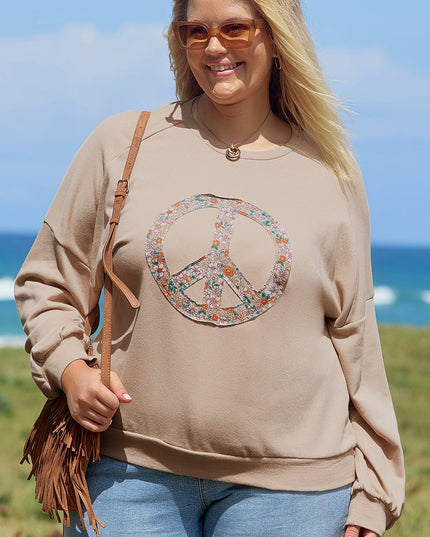 Pale Khaki Floral Peace Sign Graphic Washed Terry Plus Size Sweatshirt