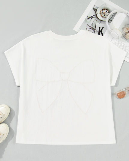 White Plus Size Leopard Bow Embroidered Patch Casual T Shirt
