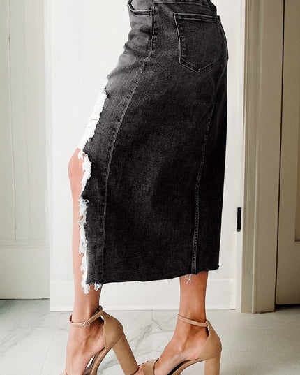 Dearlove Myosotis Irregular Distressed Bottom Denim Midi Skirt
