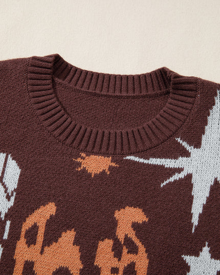 Brown Cowgirl Fashion Print Casual Sweater