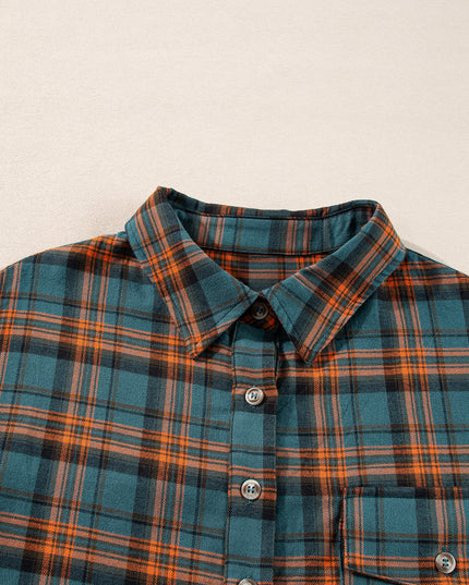 Green Plaid Long Sleeeve Side Split Distressed Hem Shirt