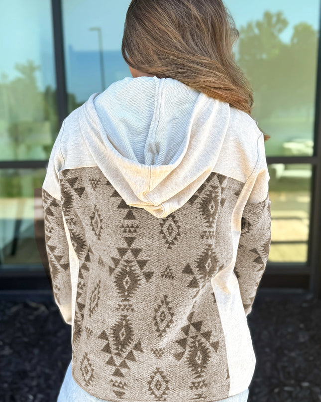 Gray Western Aztec Print Color Block Patchwork Drawstring Hooded Shacket