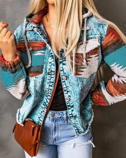 Multicolor Aztec Print Frayed Hem Denim Jacket