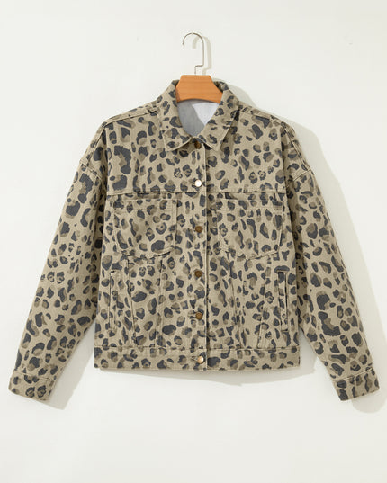 Khaki Retro Leopard Print Seam Detail Button Down Denim Jacket