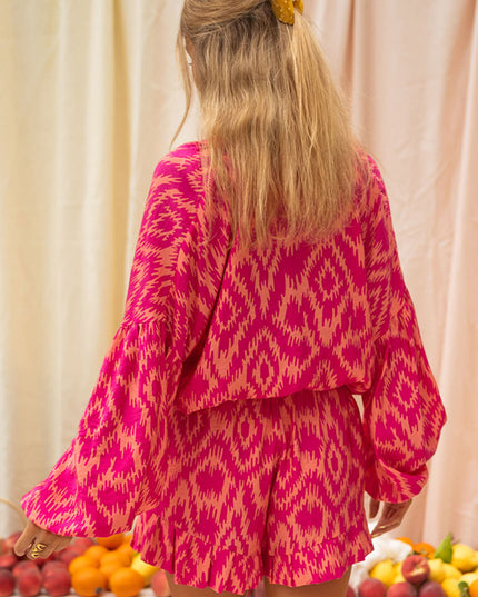Rose Western Aztec Geometric Print Top and Ruffled Shorts Set