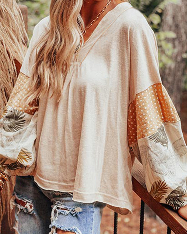 Jet Stream Palm Leaves Polka Dot Puff Sleeve Patchwork V Neck Loose Blouse