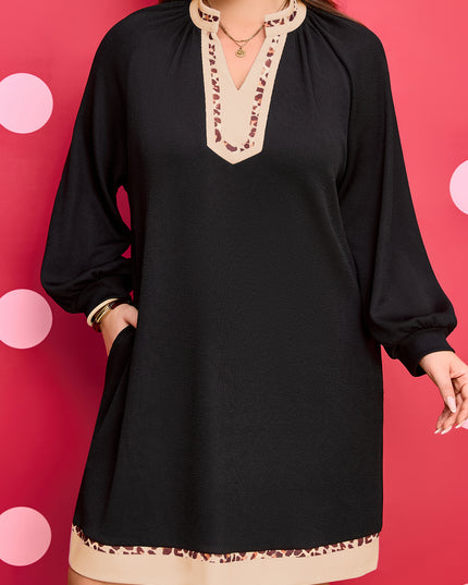 Black Contrast Color Block Leopard Trim Plus Size Ribbed Dress